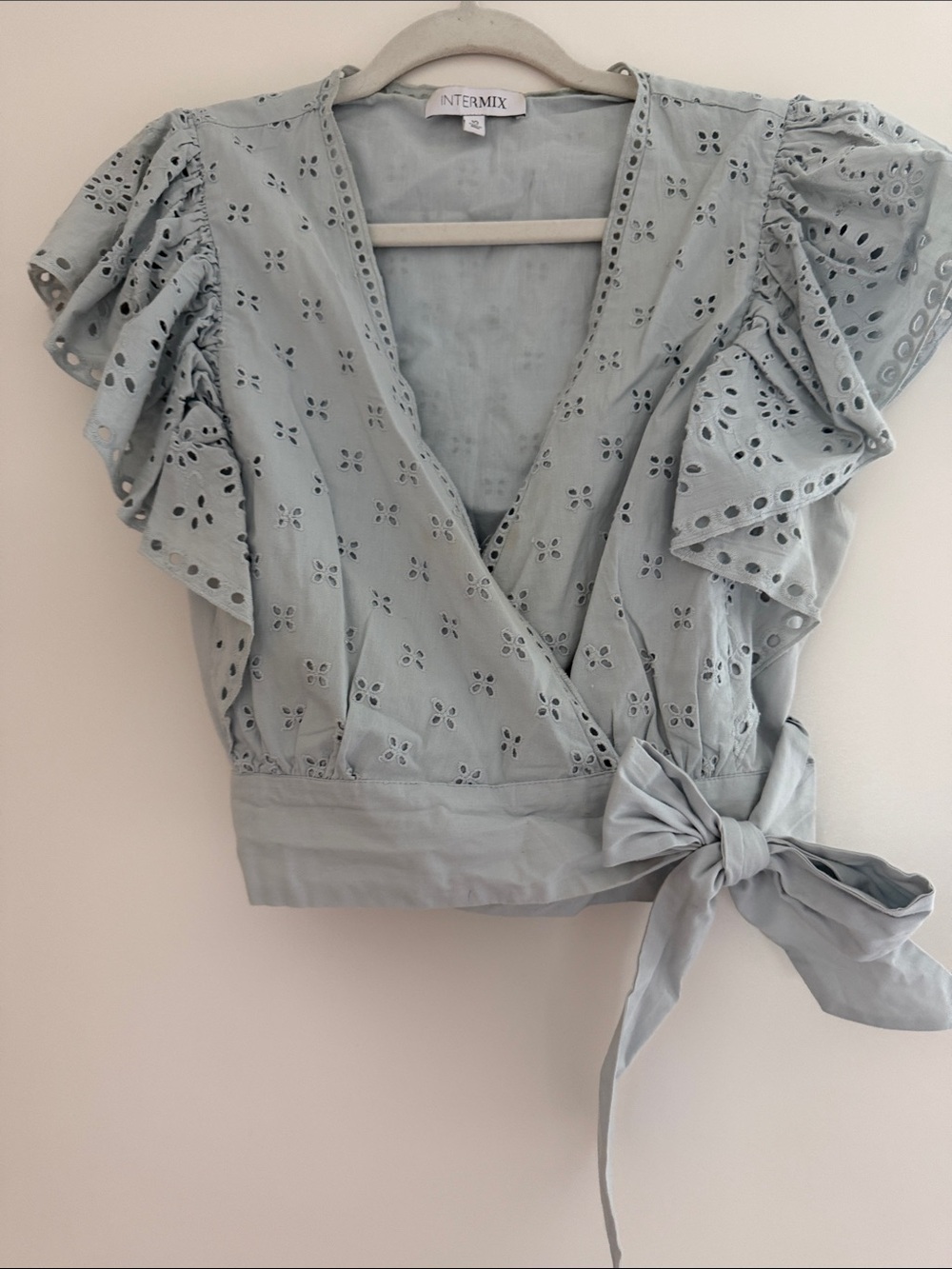 INTERMIX Powder Blue Eyelet Wrap Blouse with Ruffled Sleeves